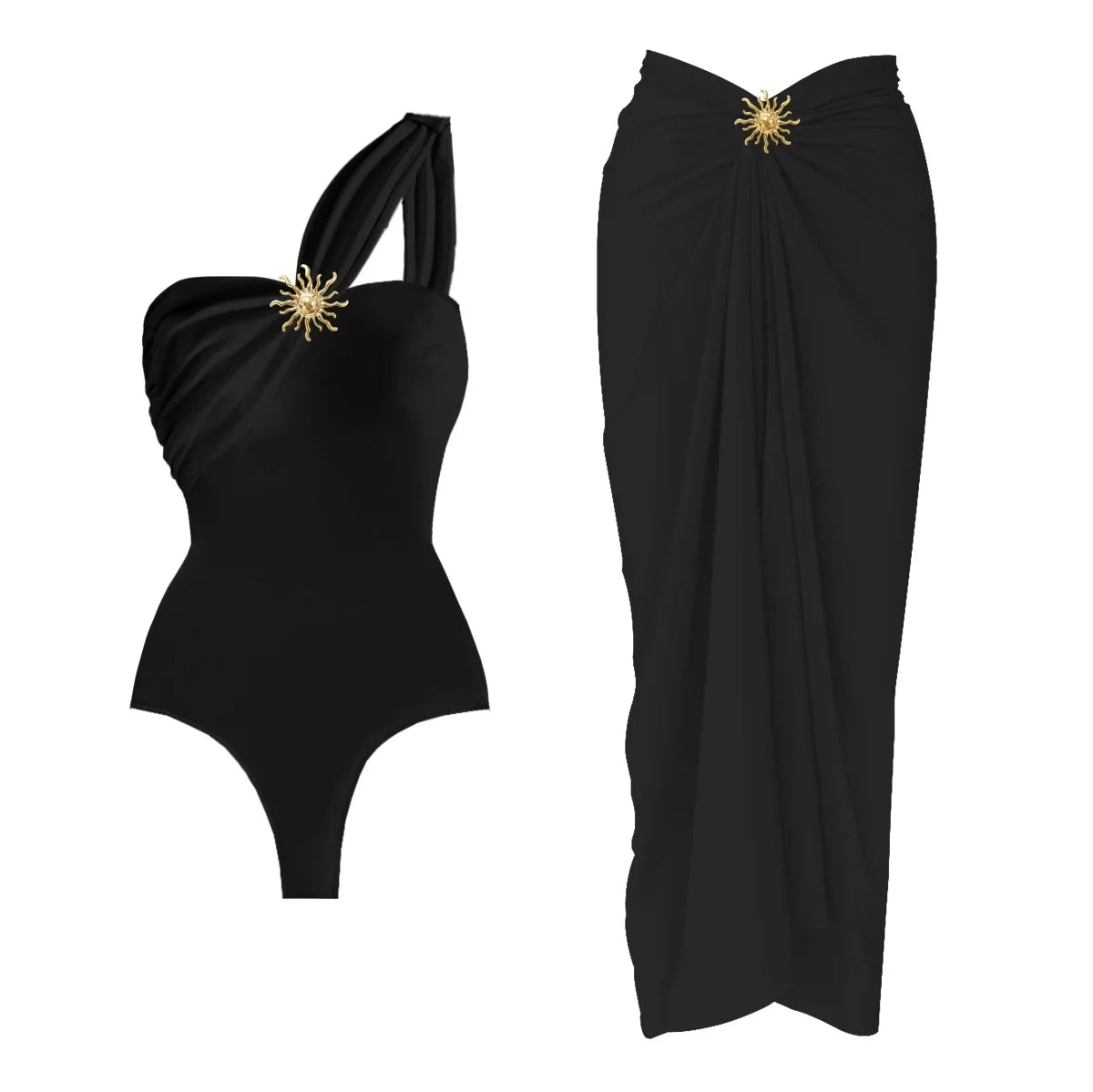 2Pcs One Shoulder Swimsuit Women Bikini Swimwear Solid Red Swimming Suit - Norellé