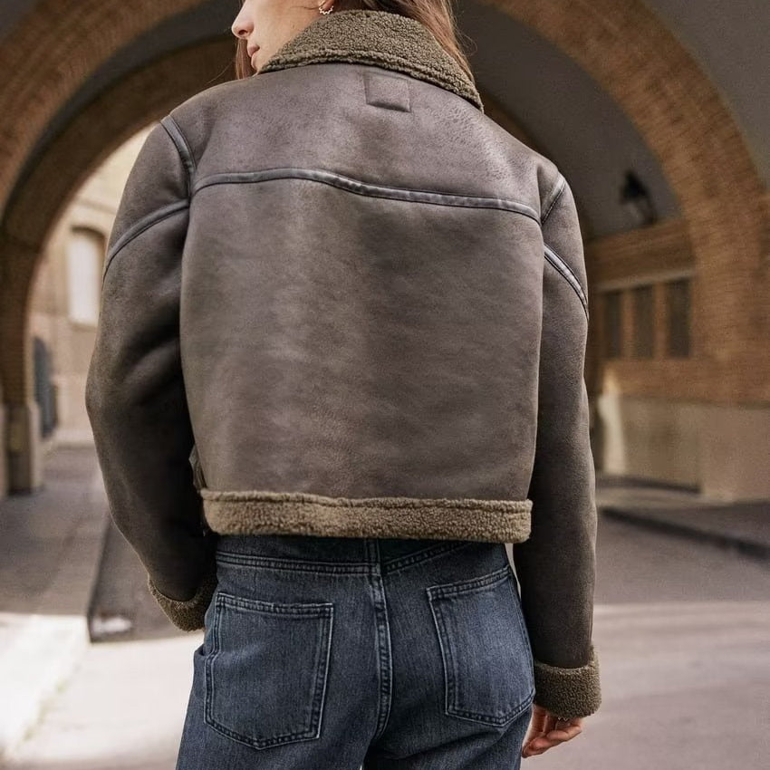 Lapel Patchwork Fleece Motorcycle Short Jacket Coat - Norellé