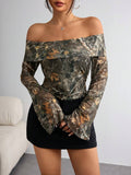Mesh Printed Off-shoulder Long Sleeved Fitted T-shirt Top - Norellé