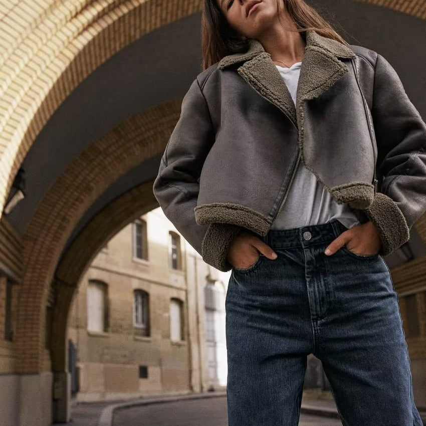 Lapel Patchwork Fleece Motorcycle Short Jacket Coat - Norellé