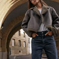 Lapel Patchwork Fleece Motorcycle Short Jacket Coat - Norellé