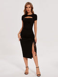 Women's  Round Neck Hollow Split To Thigh Drawstring Short Sleeve Dress - Norellé