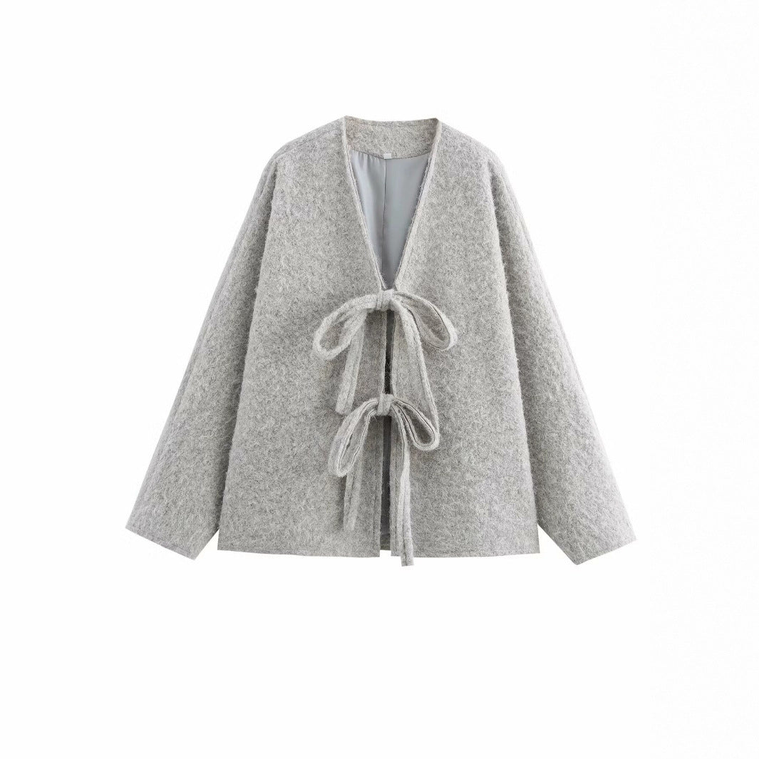 V-neck Cardigan Fashion Casual Lace Up Woolen Coat Short Coat - Norellé