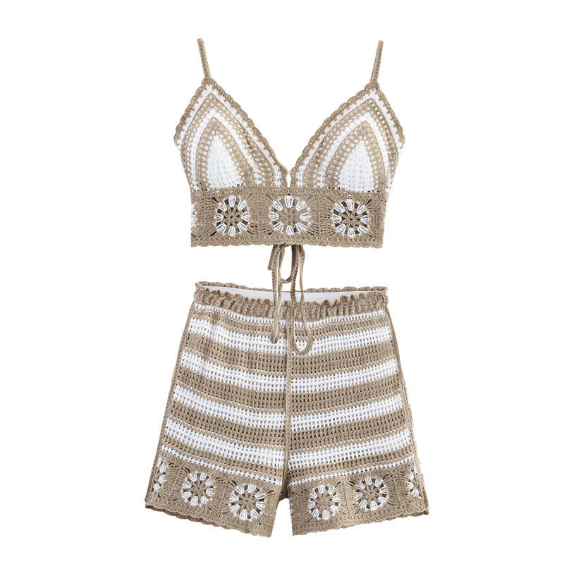 Beach Suit Women's Summer Hollow Knitted Halter Top High Waist Shorts - Norellé
