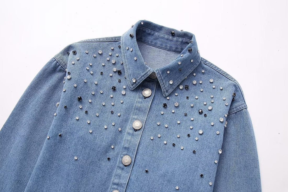 Long Sleeve Rhinestone Short Denim Shirt - Norellé
