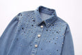 Long Sleeve Rhinestone Short Denim Shirt - Norellé