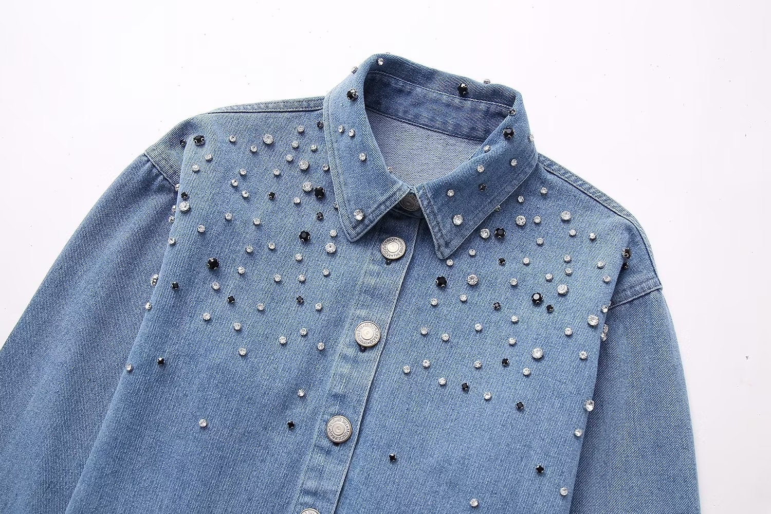 Long Sleeve Rhinestone Short Denim Shirt - Norellé