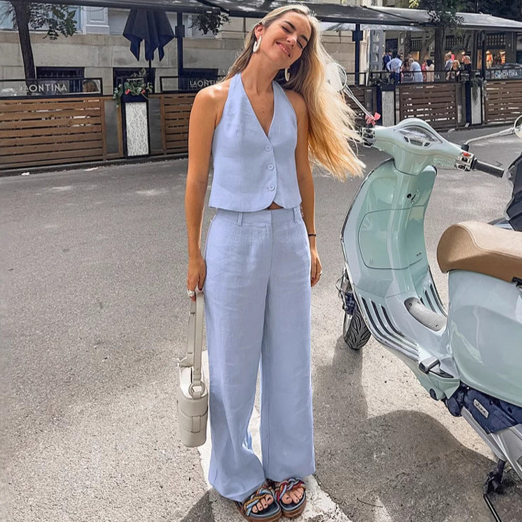 Blue Cotton Linen Sleeveless Waistcoat Vest Trousers Suit - Norellé