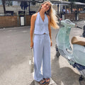 Blue Cotton Linen Sleeveless Waistcoat Vest Trousers Suit - Norellé
