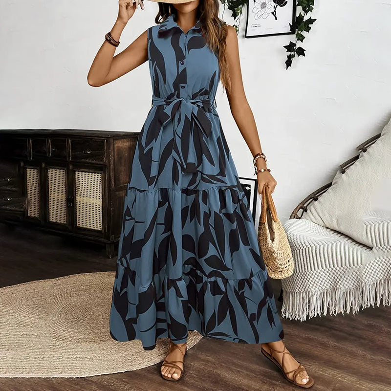 Women Sleeveless Boho Floral Maxi Dress Button Shirt V Neck Flowy Belted - Norellé