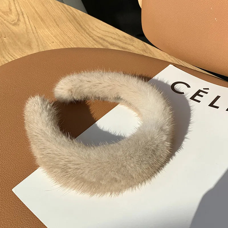 100% Real Mink Fur Headbands - beige