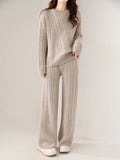 100% Wool Suit Women’s Pullover Sweater Knitting O-neck Wide Leg Pant