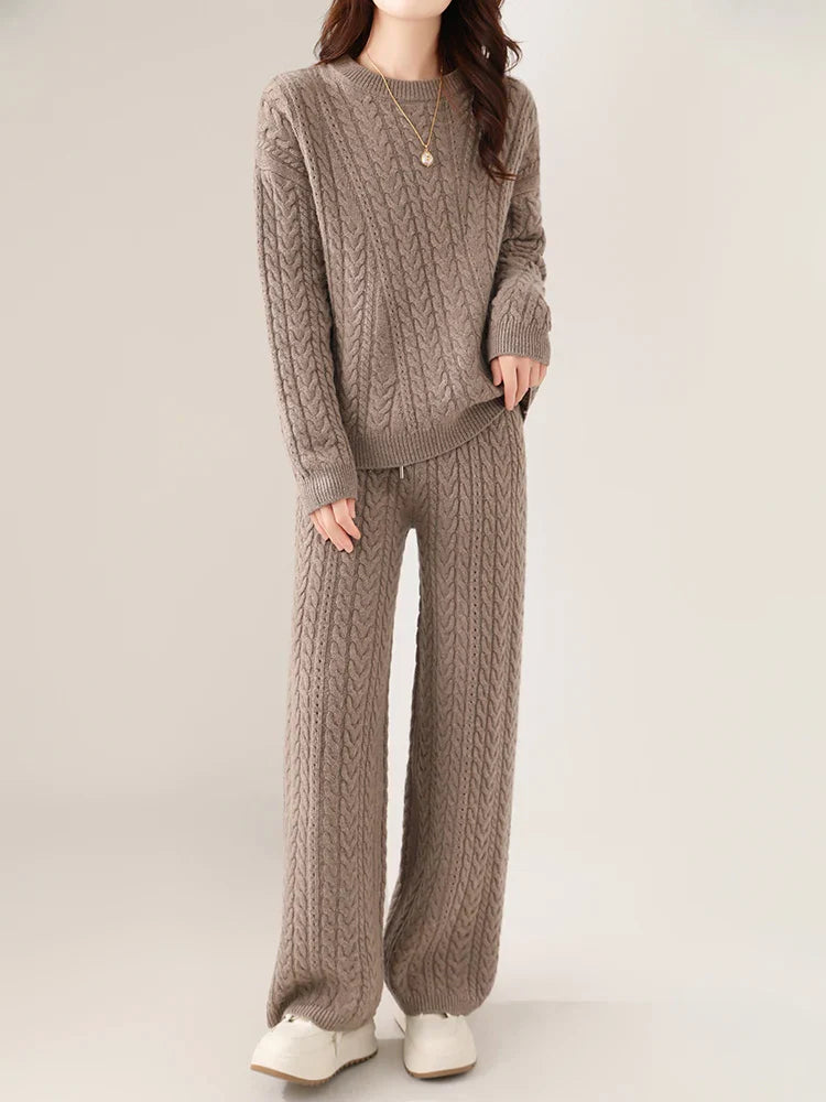 100% Wool Suit Women’s Pullover Sweater Knitting O-neck Wide Leg Pant - camel / XL