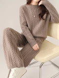 100% Wool Suit Women’s Pullover Sweater Knitting O-neck Wide Leg Pant