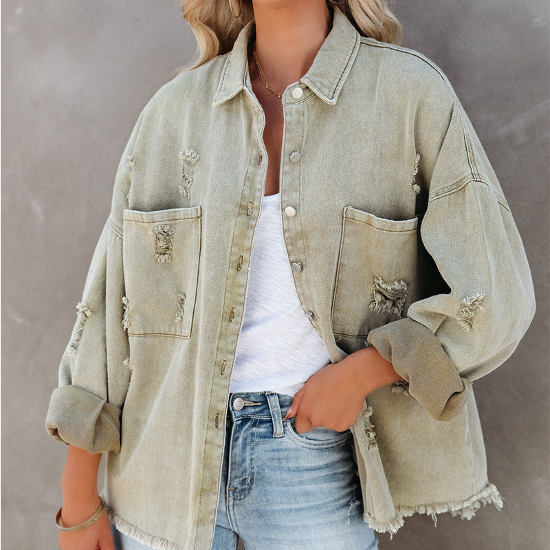 Lapel Long Sleeve Retro Street Ripped Burr Denim Coat - Norellé