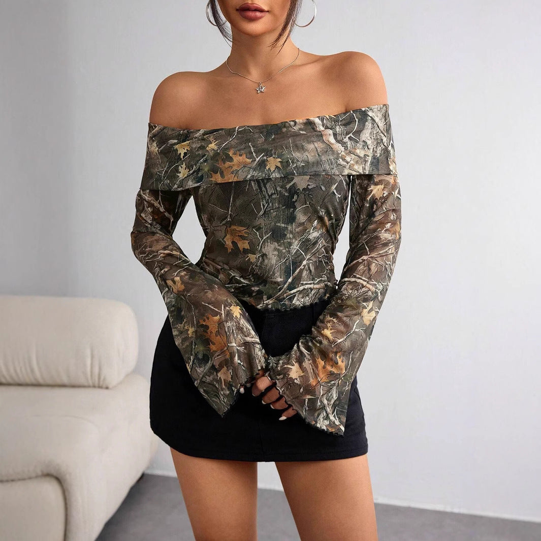 Mesh Printed Off-shoulder Long Sleeved Fitted T-shirt Top - Norellé