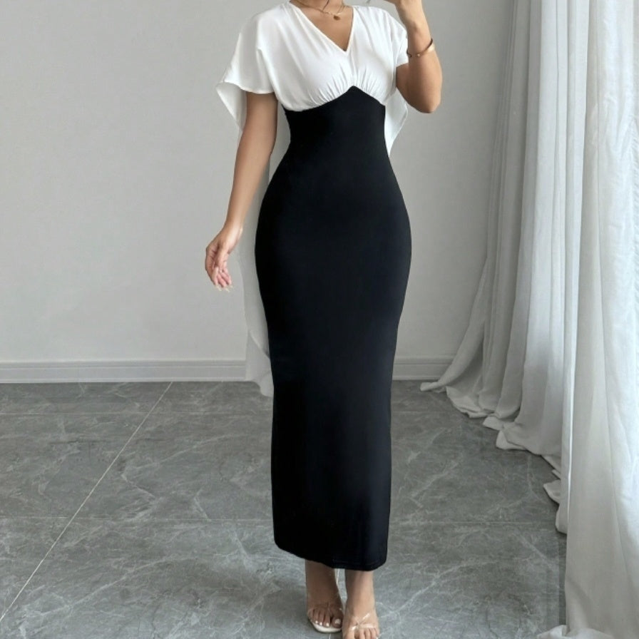 Ladies' Commuting Elegant Casual V-neck Color Block Patchwork Short Sleeved Dress - Norellé