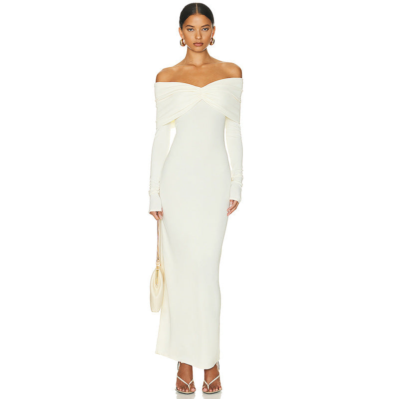 Solid Color French Style Off-shoulder Tube Top Long Sleeve Dress - Norellé