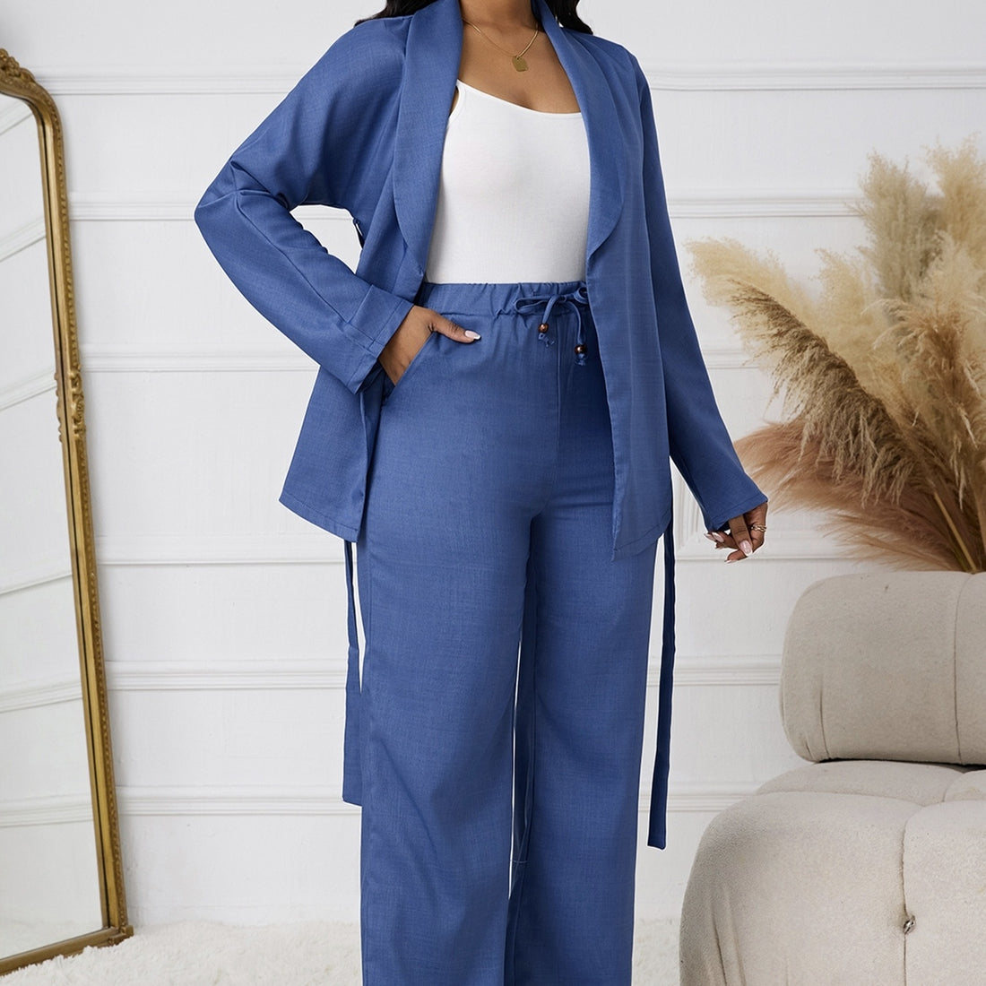 Ladies' Solid Color Lapel Belt Decoration Open Top Jacket And Drawstring Elastic Loose Leg Pants Set - Norellé