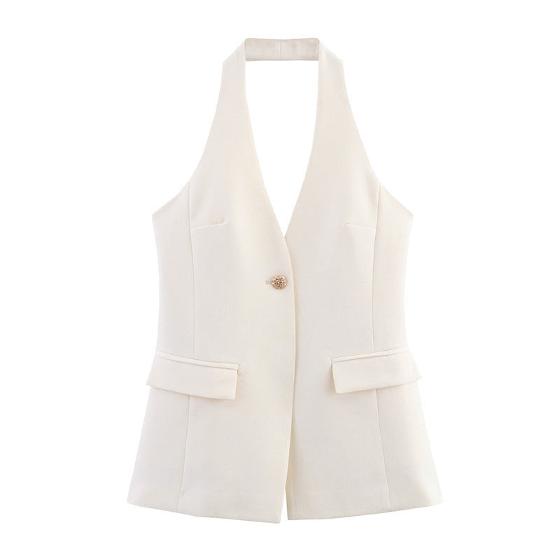 Design Solid Color Slim White One Button Halter - Norellé