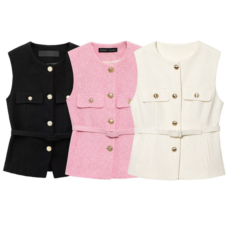 Metal Clasp With Belt Punk Texture Crew Neck Vest - Norellé