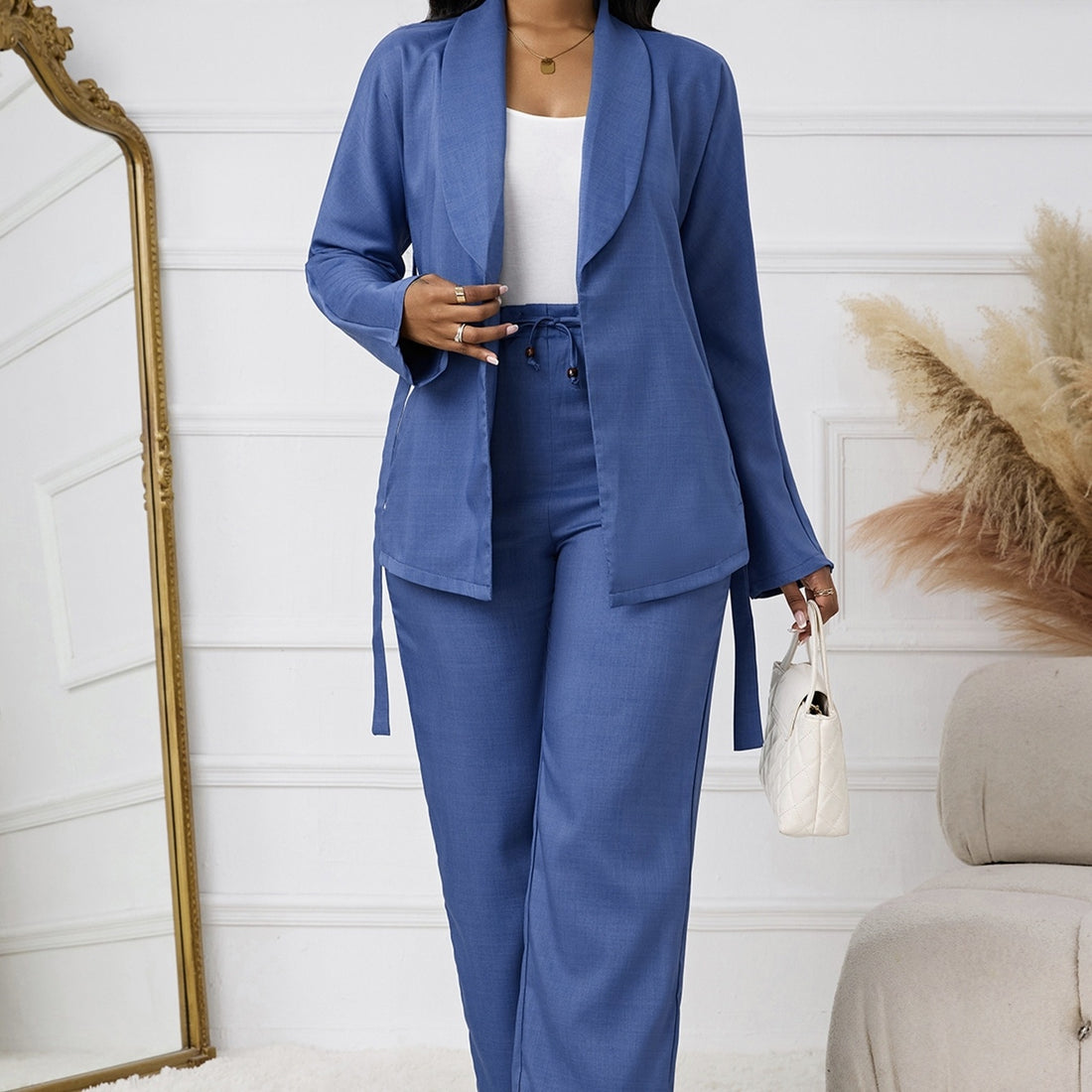 Ladies' Solid Color Lapel Belt Decoration Open Top Jacket And Drawstring Elastic Loose Leg Pants Set - Norellé