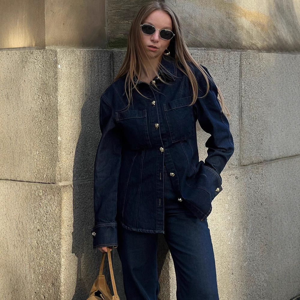 Simple Trendy Solid Color Single-breasted Denim Coat Trousers Suit - Norellé