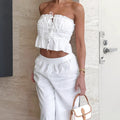White Cotton Linen Tube Top Wide Leg Casual Pants Lace-up Suit - Norellé