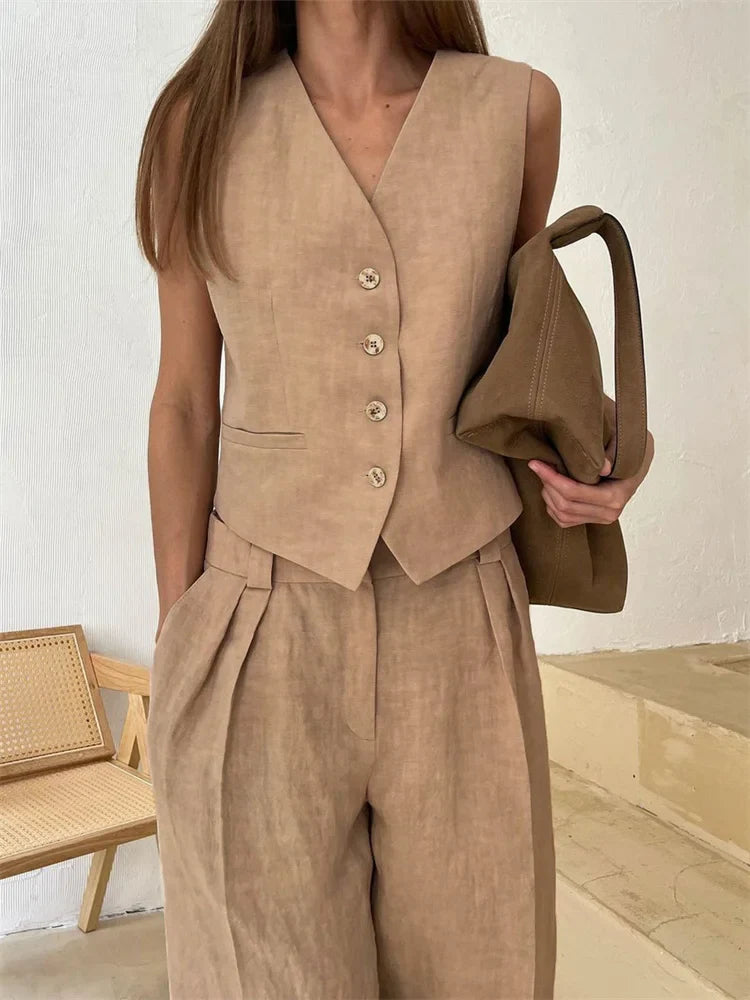 2 Piece-Set Fashion Women Wide Leg Trousers - Khaki / L