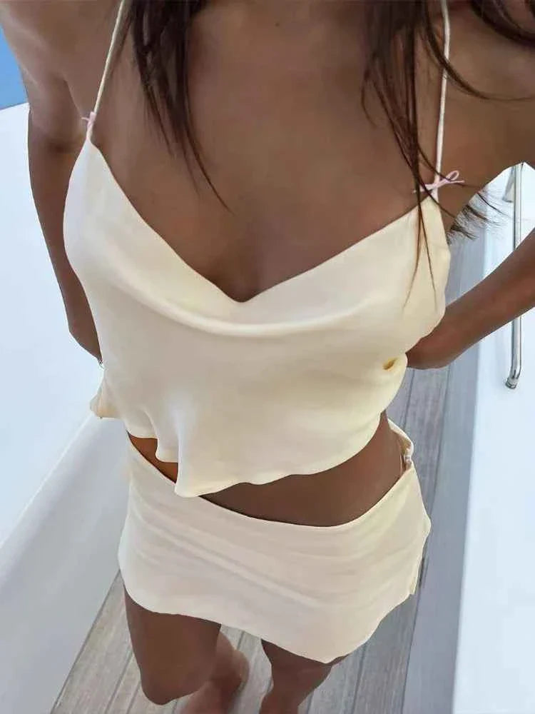 2 Piece Set Women Halter Swing Collar Ruffles Hem Tops+Mini Skits