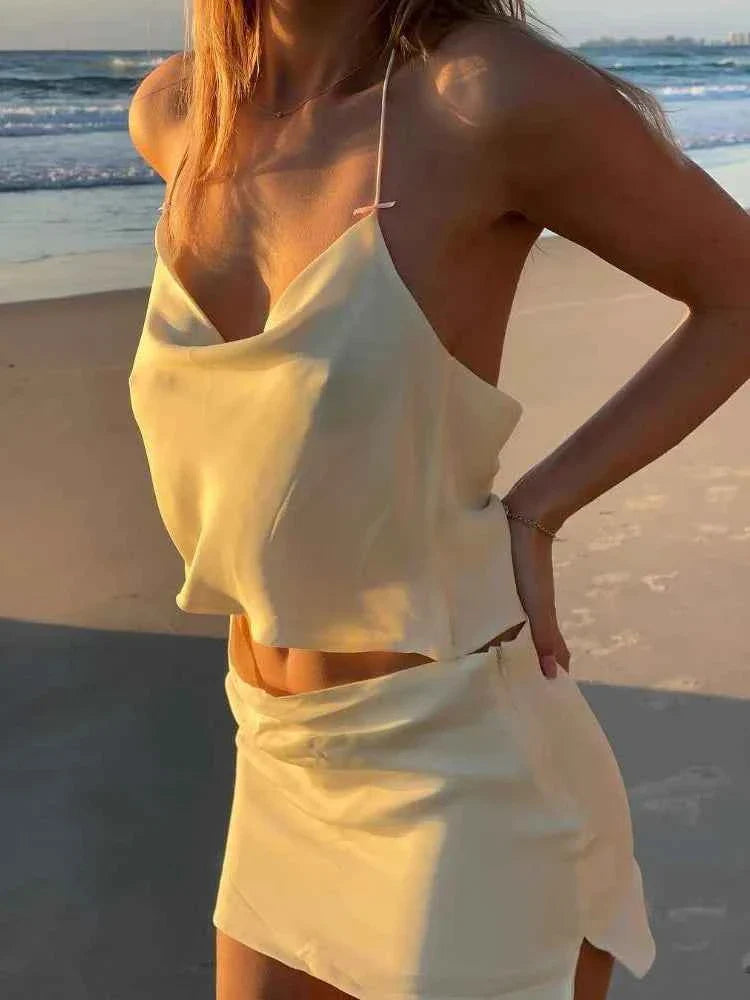 2 Piece Set Women Halter Swing Collar Ruffles Hem Tops+Mini Skits