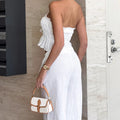 White Cotton Linen Tube Top Wide Leg Casual Pants Lace-up Suit - Norellé