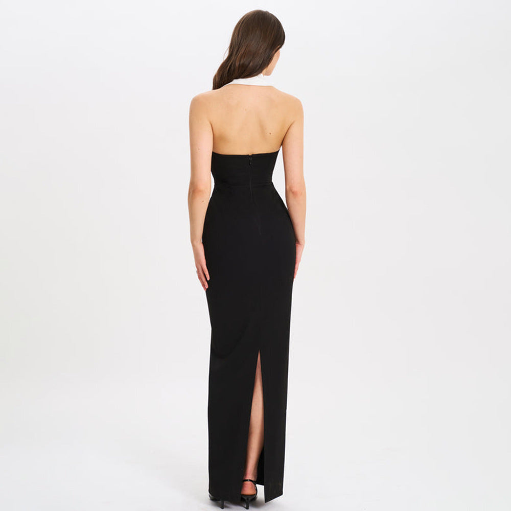 Lapel Backless Slit Dress - Norellé
