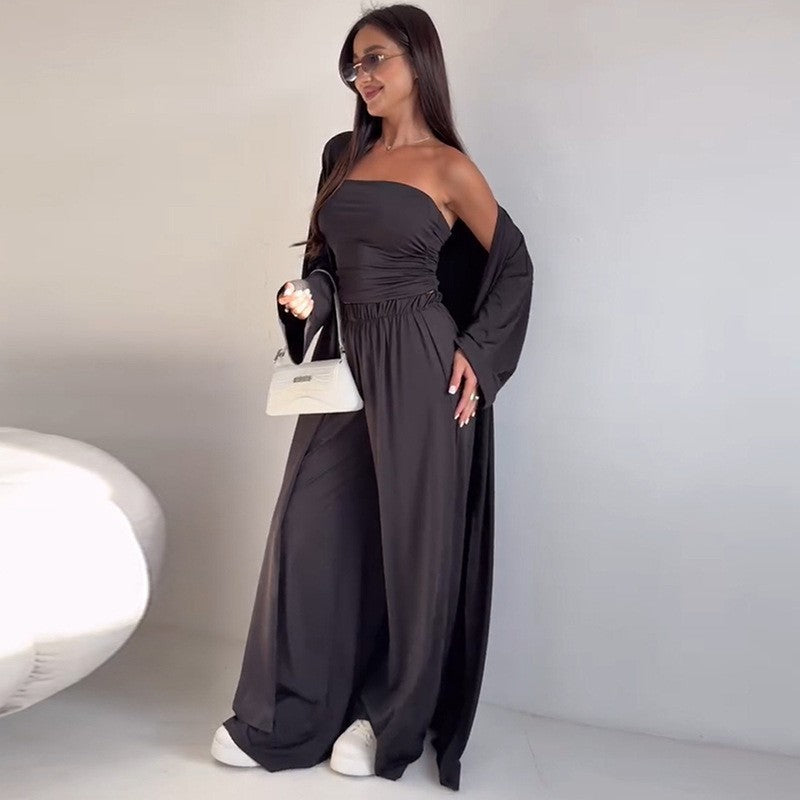 Casual Mid-calf Top Vest Long Cardigan Wide-leg Pants Three-piece Set - Norellé