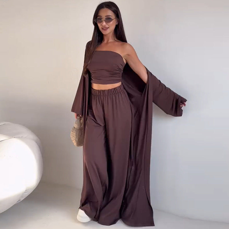 Casual Mid-calf Top Vest Long Cardigan Wide-leg Pants Three-piece Set - Norellé
