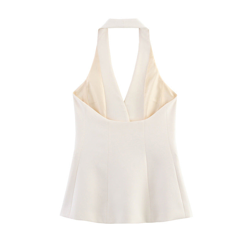 Design Solid Color Slim White One Button Halter - Norellé