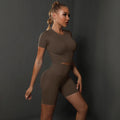 2PCS Seamless Women Yoga Set Gym Sportswear Sport Top and Hight Waist Short Suit - Brown / L