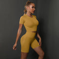 2PCS Seamless Women Yoga Set Gym Sportswear Sport Top and Hight Waist Short Suit - Yellow / L