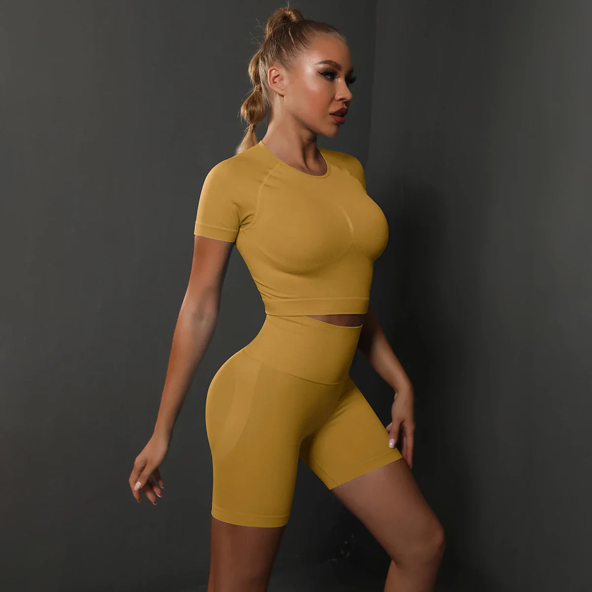 2PCS Seamless Women Yoga Set Gym Sportswear Sport Top and Hight Waist Short Suit - Yellow / L