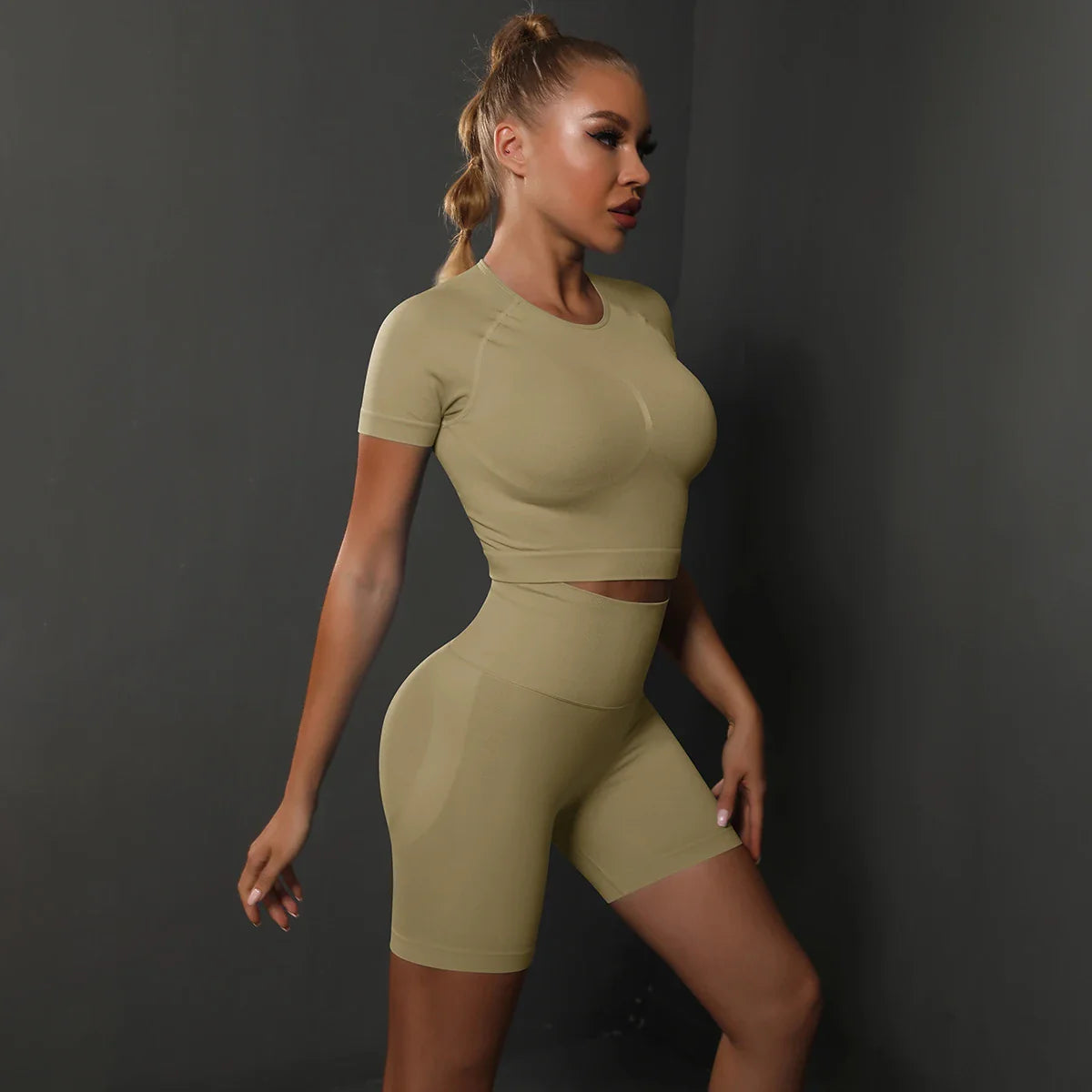 2PCS Seamless Women Yoga Set Gym Sportswear Sport Top and Hight Waist Short Suit - Khaki / S