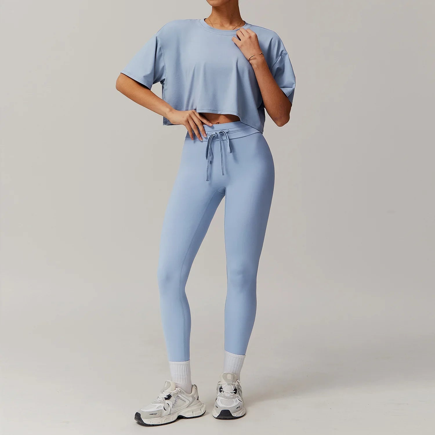 2PCS Women Tracksuit Yoga Set Workout Clothes - Grey blue 1 / M / CHINA