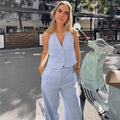 Blue Cotton Linen Sleeveless Waistcoat Vest Trousers Suit - Norellé