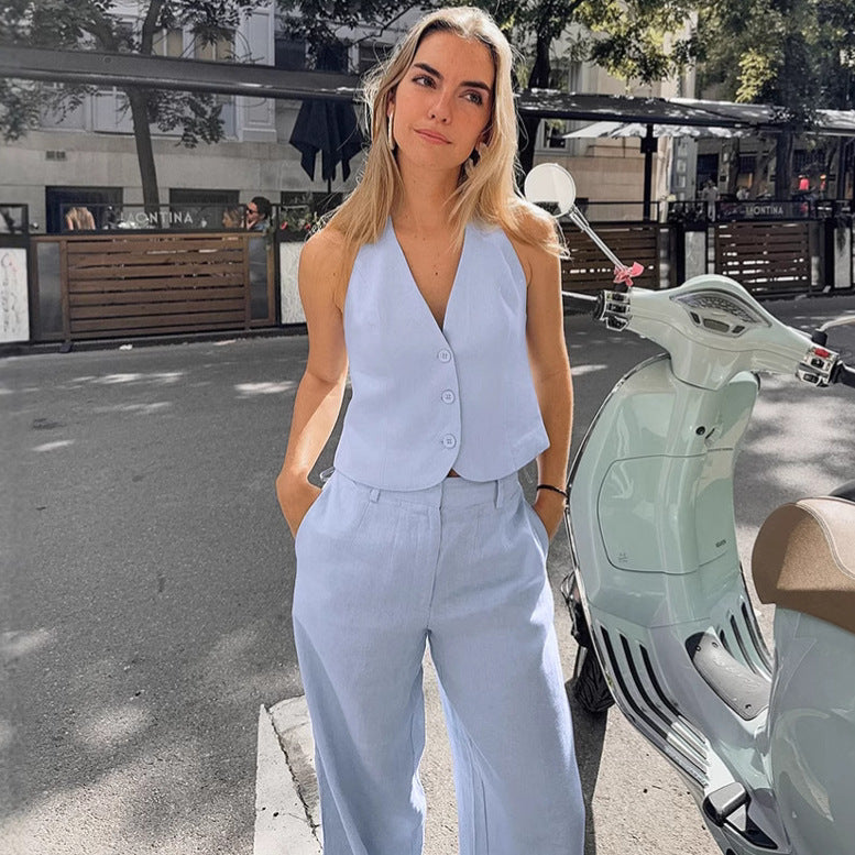 Blue Cotton Linen Sleeveless Waistcoat Vest Trousers Suit - Norellé