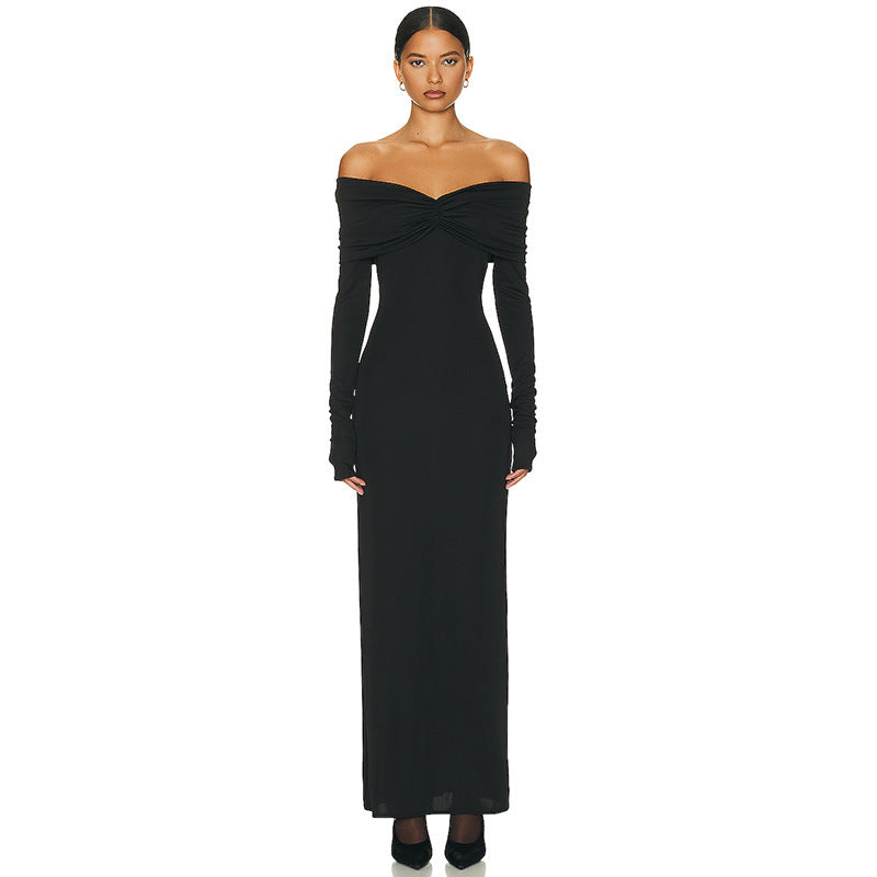Solid Color French Style Off-shoulder Tube Top Long Sleeve Dress - Norellé