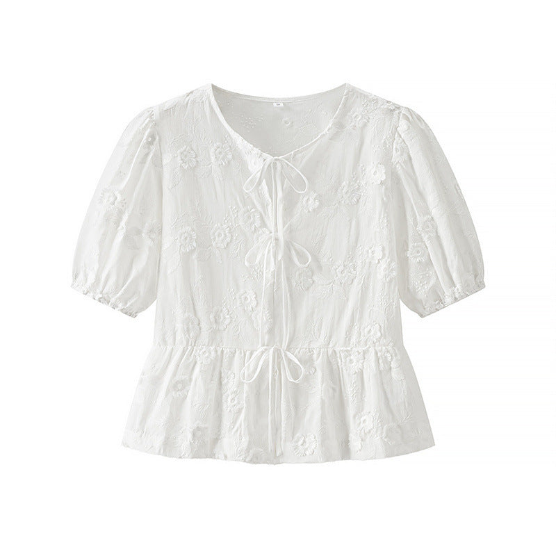 Flower Embroidered Cotton Short-sleeved Shorts Two-piece Suit - Norellé