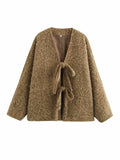 V-neck Cardigan Fashion Casual Lace Up Woolen Coat Short Coat - Norellé