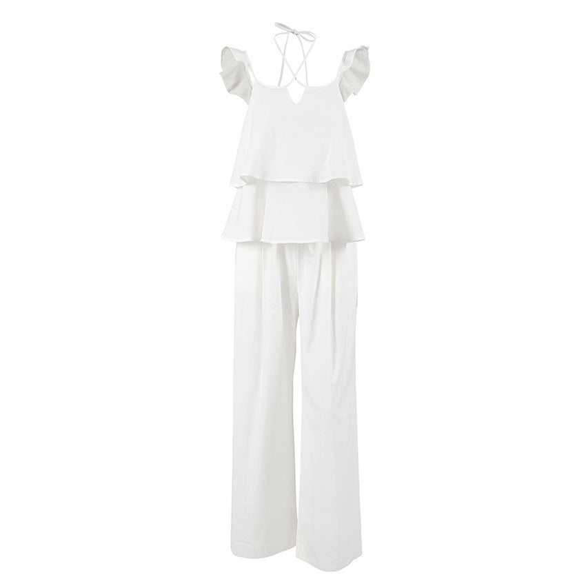 Cotton And Linen V-neck Backless Lace-up Top High Waist Casual Trousers Suit - Norellé