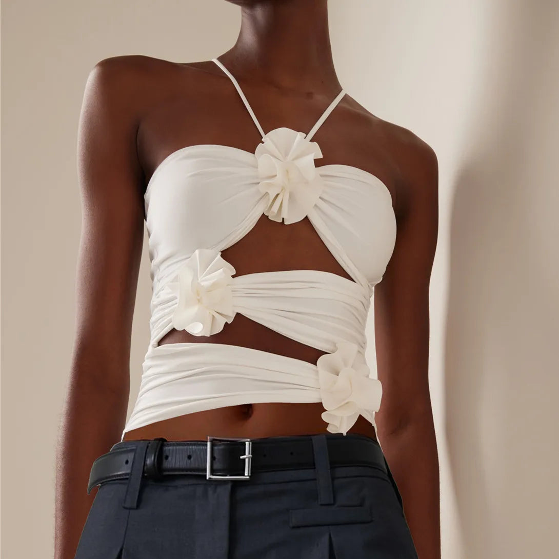 3D Floral Strap Crop Tops for Women