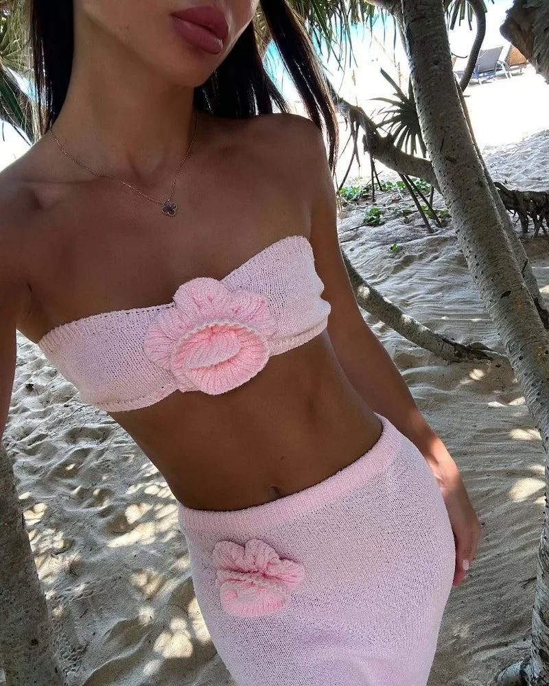3D Flowers Knitted 2 Piece Set Women - Pink / M