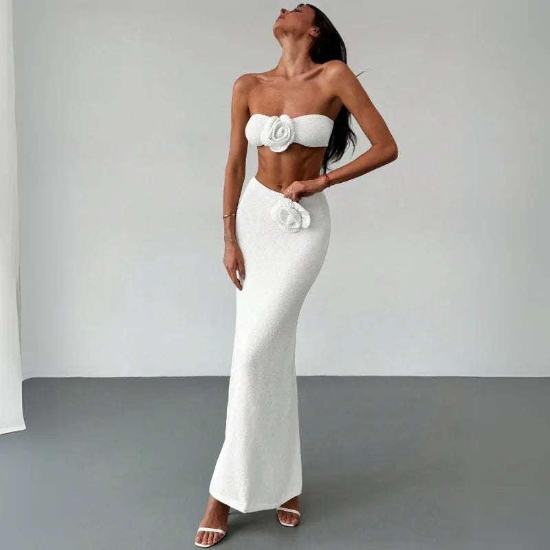 3D Flowers Knitted 2 Piece Set Women - WHITE / S